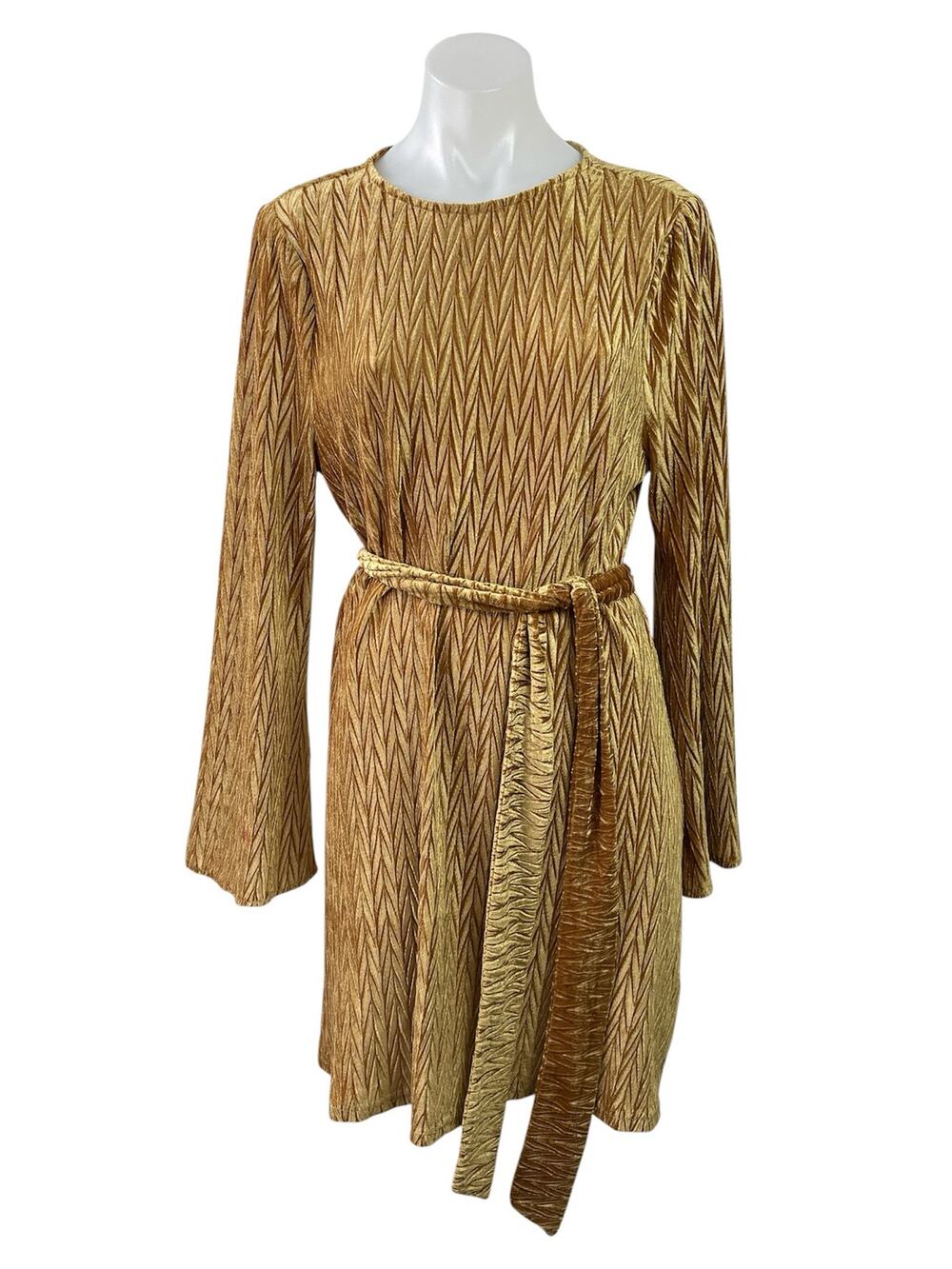 NEW Dress Forum Gold Velvet Velour Chevron Long Sleeve Tie A Line Mini Dress M